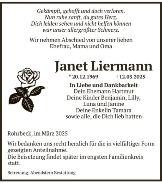 Traueranzeige von Janet Liermann von UEL