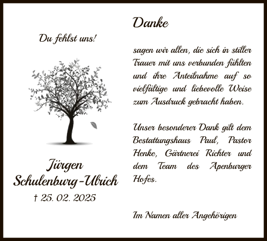 Traueranzeige von Jürgen Schulenburg-Ulrich von UEL