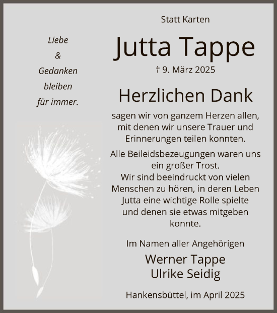 Traueranzeige von Jutta Tappe von UEL