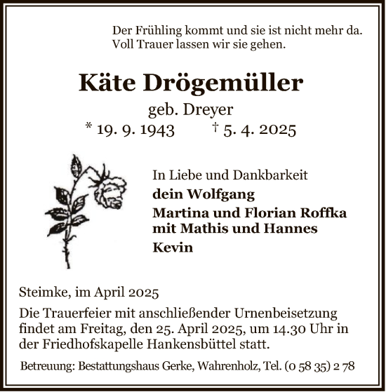 Traueranzeige von Käte Drögemüller von UEL