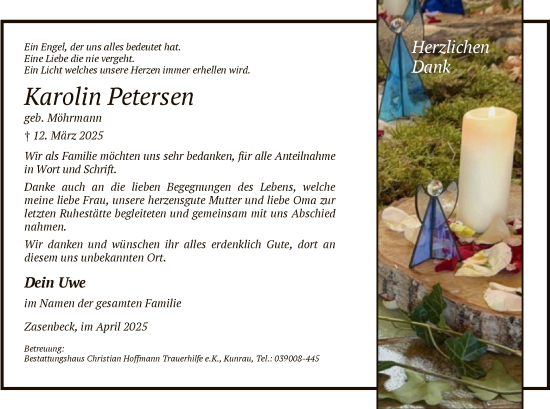 Traueranzeige von Karolin Petersen von UEL
