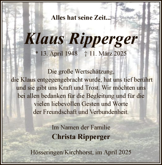 Traueranzeige von Klaus Ripperger von UEL