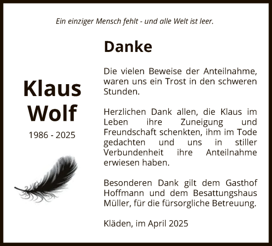 Traueranzeige von Klaus Wolf von UEL