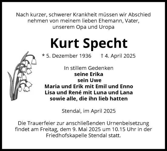 Traueranzeige von Kurt Specht von UEL
