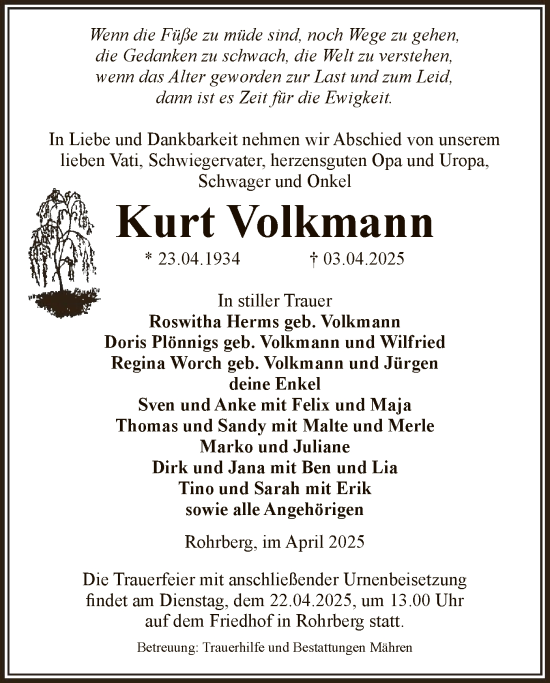 Traueranzeige von Kurt Volkmann von UEL