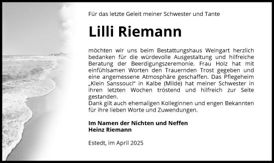 Traueranzeige von Lilli Riemann von UEL