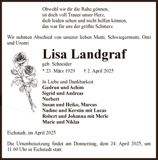 Traueranzeige von Lisa Landgraf von UEL