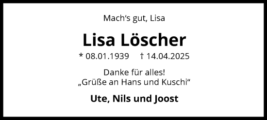 Traueranzeige von Lisa Löscher von UEL