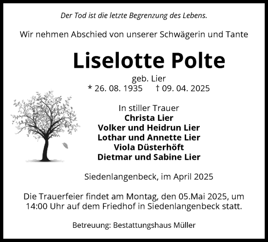 Traueranzeige von Liselotte Polte von UEL