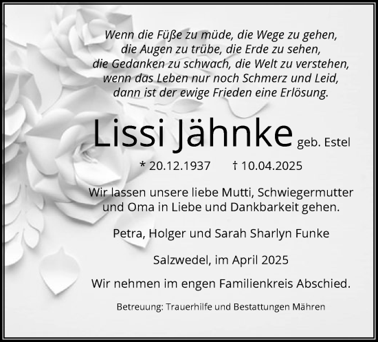 Traueranzeige von Lissi Jähnke von UEL