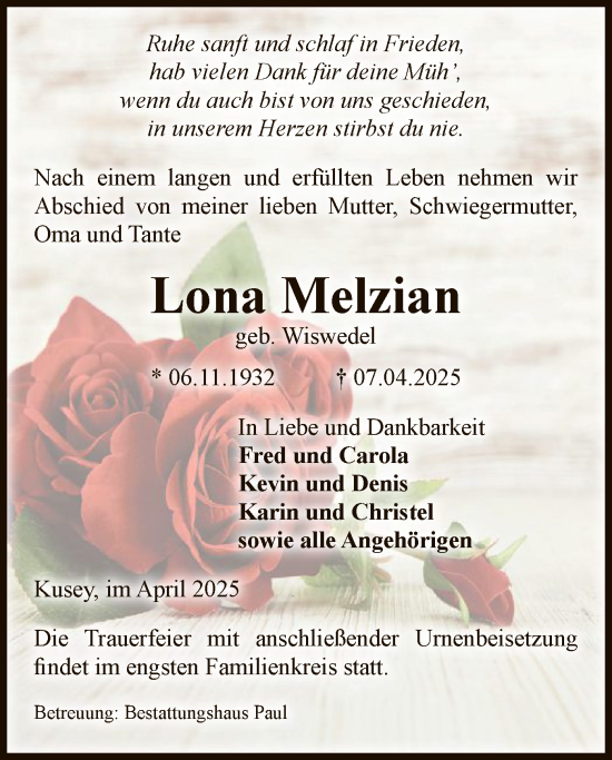 Traueranzeige von Lona Melzian von UEL