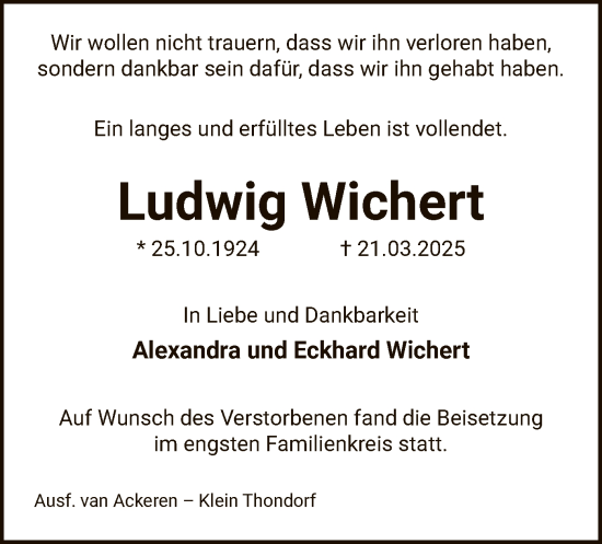 Traueranzeige von Ludwig Wichert von UEL