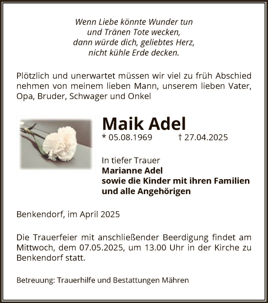 Traueranzeige von Maik Adel von UEL