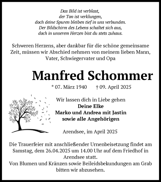 Traueranzeige von Manfred Schommer von UEL