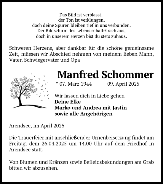 Traueranzeige von Manfred Schommer von UEL