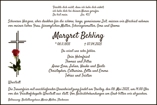 Traueranzeige von Margret Behling von UEL