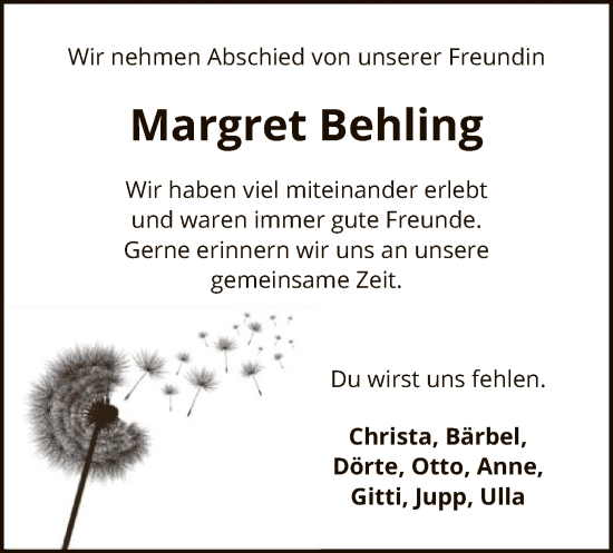 Traueranzeige von Margret Behling von UEL
