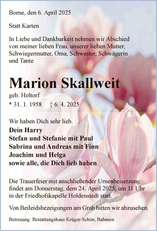 Traueranzeige von Marion Skallweit von UEL