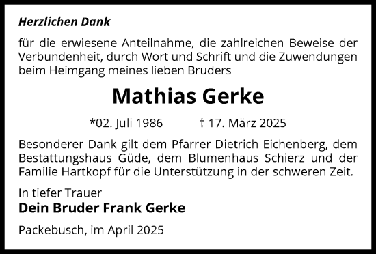 Traueranzeige von Mathias Gerke von UEL