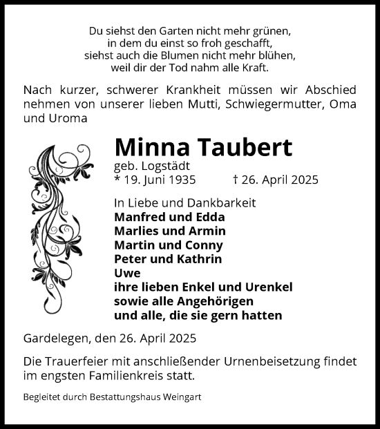 Traueranzeige von Minna Taubert von UEL