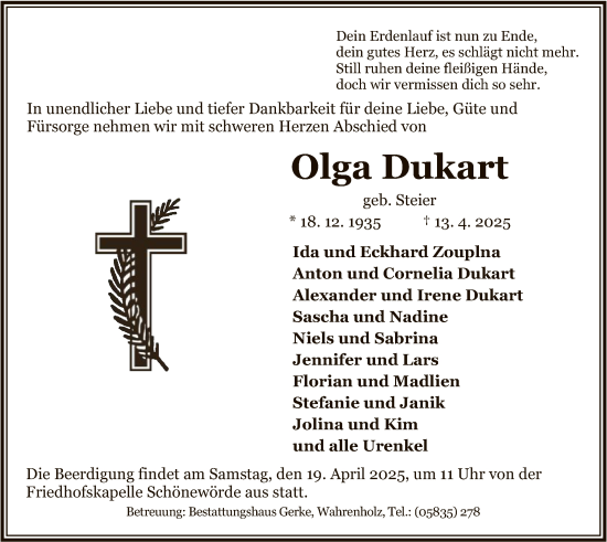 Traueranzeige von Olga Dukart von UEL