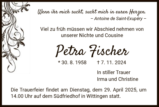 Traueranzeige von Petra Fischer von UEL