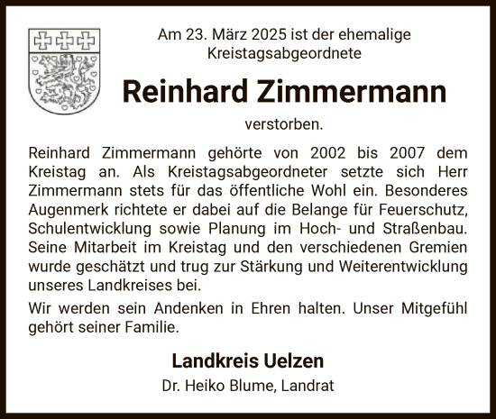 Traueranzeige von Reinhard Zimmermann von UEL