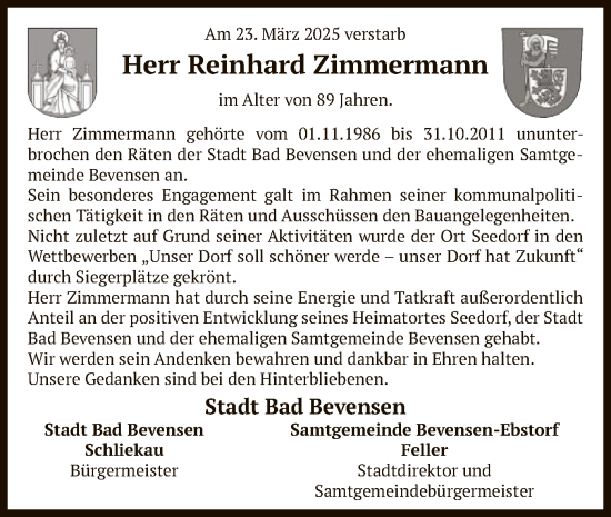 Traueranzeige von Reinhard Zimmermann von UEL