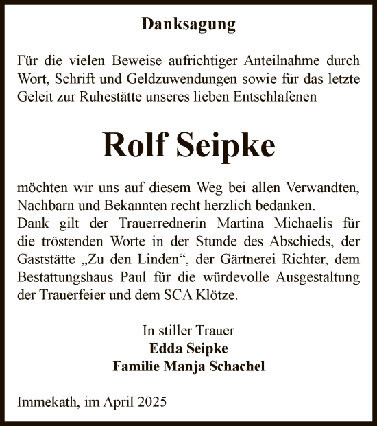 Traueranzeige von Rolf Seipke von UEL