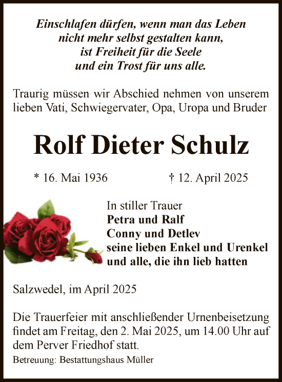 Traueranzeige von Rolf Dieter Schulz von UEL
