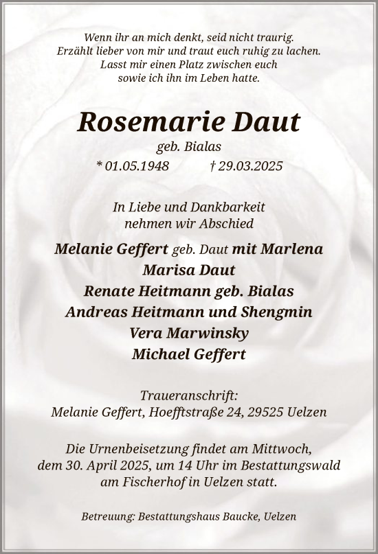 Traueranzeige von Rosemarie Daut von UEL
