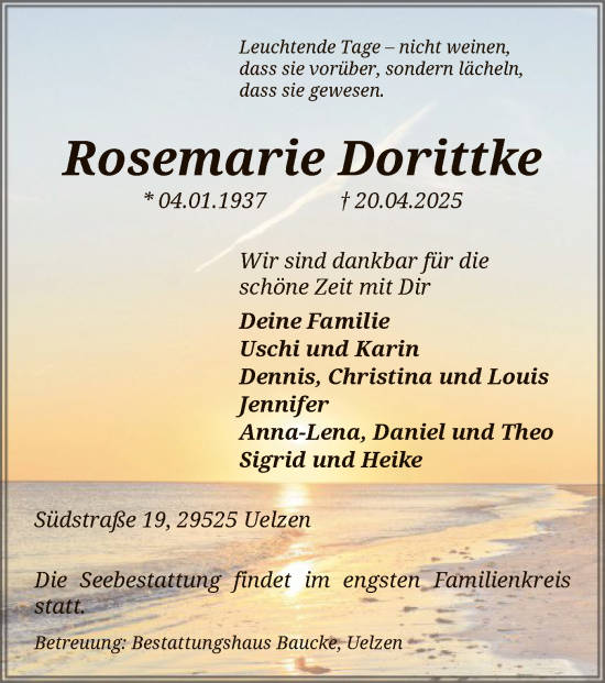 Traueranzeige von Rosemarie Dorittke von UEL