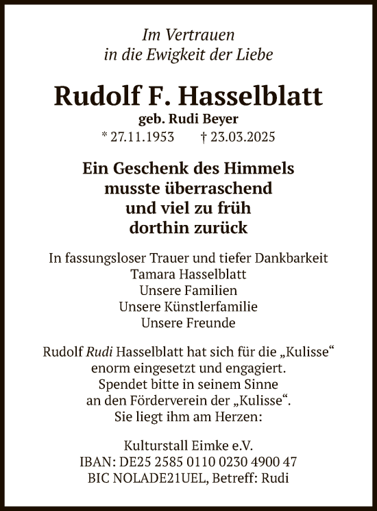 Traueranzeige von Rudolf F. Hasselblatt von UEL
