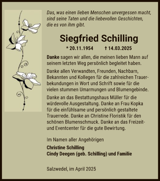Traueranzeige von Siegfried Schilling von UEL