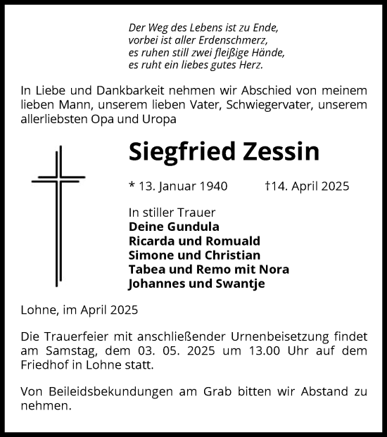 Traueranzeige von Siegfried Zessin von UEL