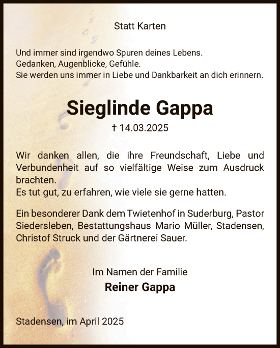 Traueranzeige von Sieglinde Gappa von UEL