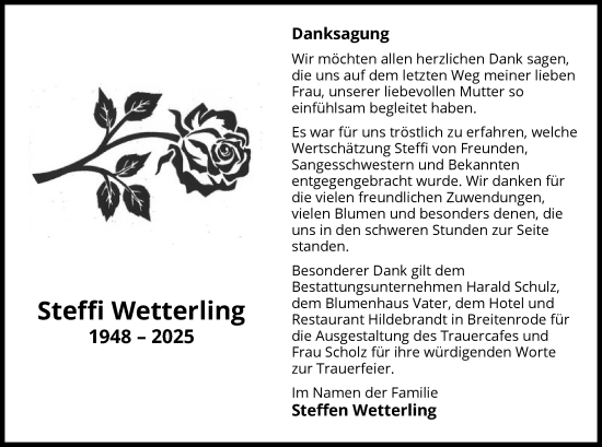 Traueranzeige von Steffi Wetterling von UEL
