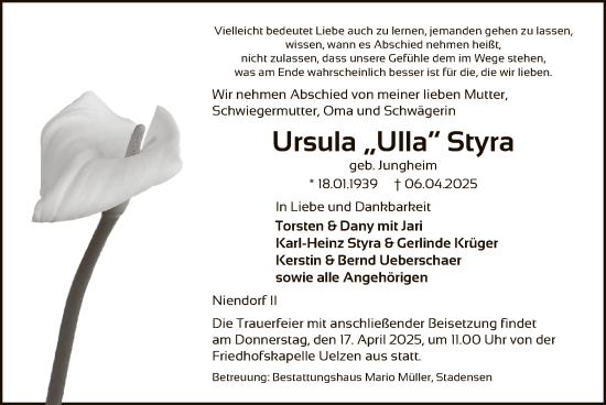Traueranzeige von Ursula Styra von UEL