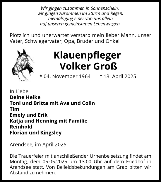 Traueranzeige von Volker Groß von UEL