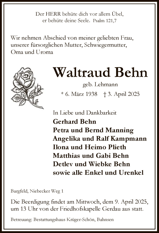 Traueranzeige von Waltraud Behn von UEL