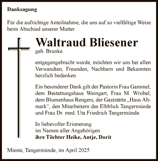 Traueranzeige von Waltraud Bliesener von UEL