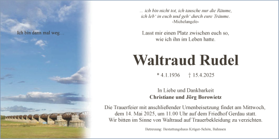 Traueranzeige von Waltraud Rudel von UEL