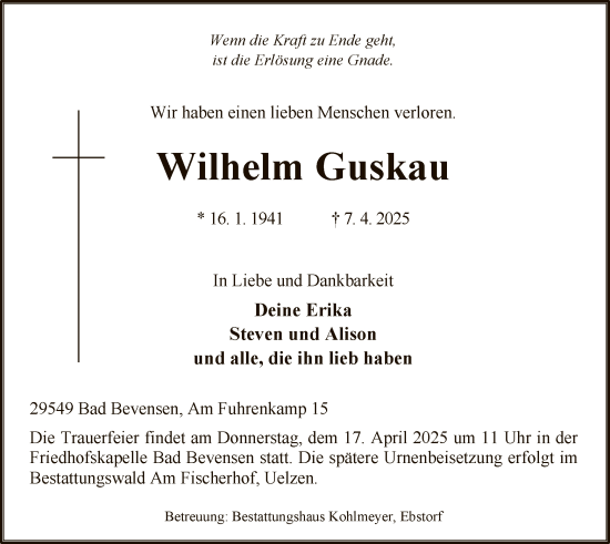 Traueranzeige von Wilhelm Guskau von UEL