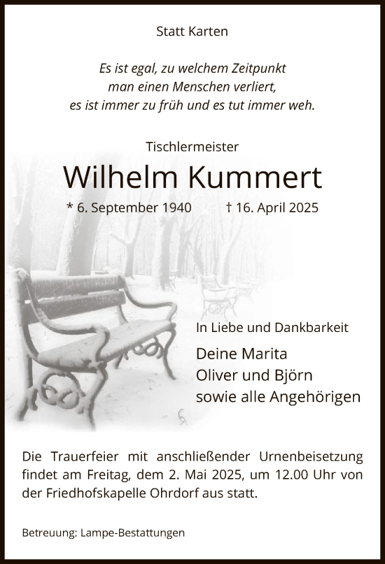 Traueranzeige von Wilhelm Kummert von UEL