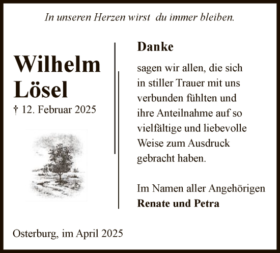 Traueranzeige von Wilhelm Lösel von UEL