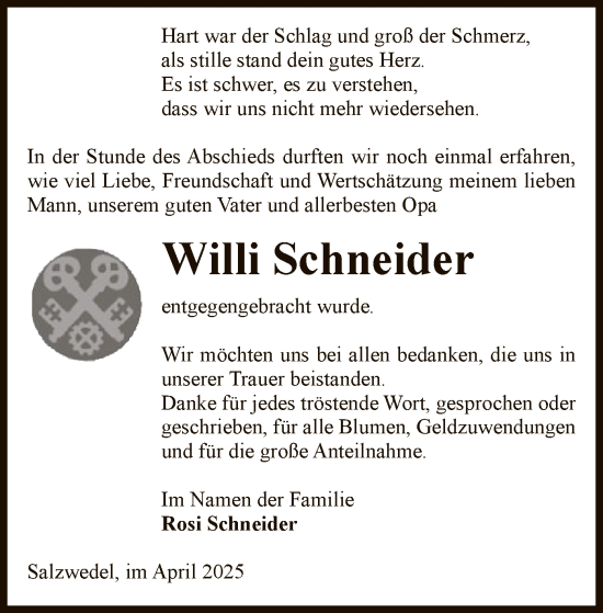 Traueranzeige von Willi Schneider von UEL