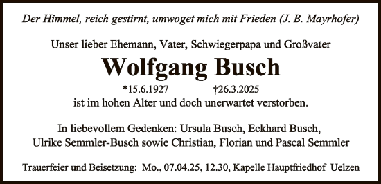 Traueranzeige von Wolfgang Busch von UEL