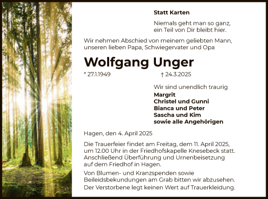 Traueranzeige von Wolfgang Unger von UEL