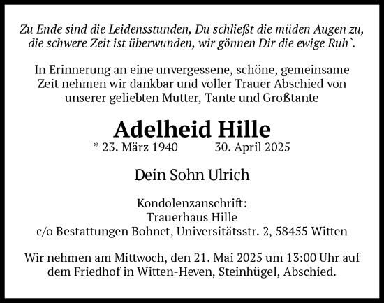 Traueranzeige von Adelheid Hille von UEL
