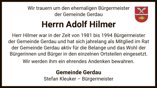 Traueranzeige von Adolf Hilmer von UEL